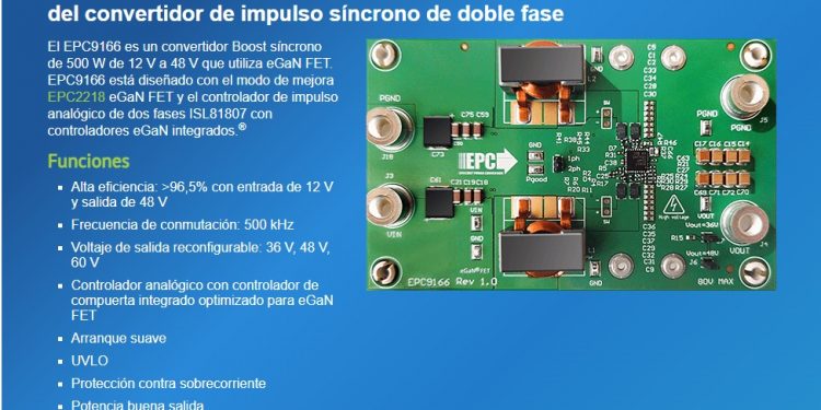EPC presenta convertidor GaN Boost de 12 V a 48 V y 500 W