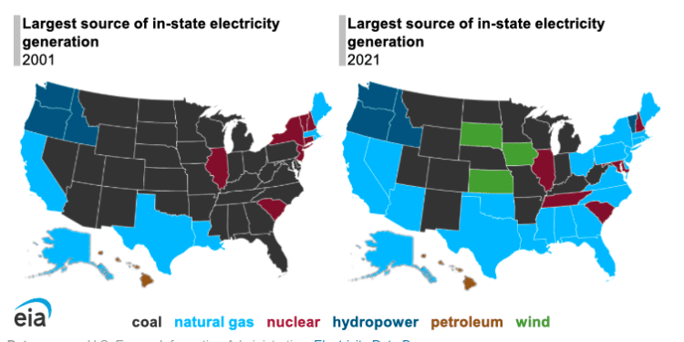 Carbón, la mayor fuente de generación de electricidad para 15 estados de EEUU en 2021