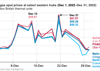 Precios diarios de gas natural en el oeste de los Estados Unidos superan los 50,00 $/MMBtu en diciembre